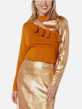 C Wonder by Christian Siriano Mock Neck Cutout Mixed Media Top Pumpkin Spice M L
